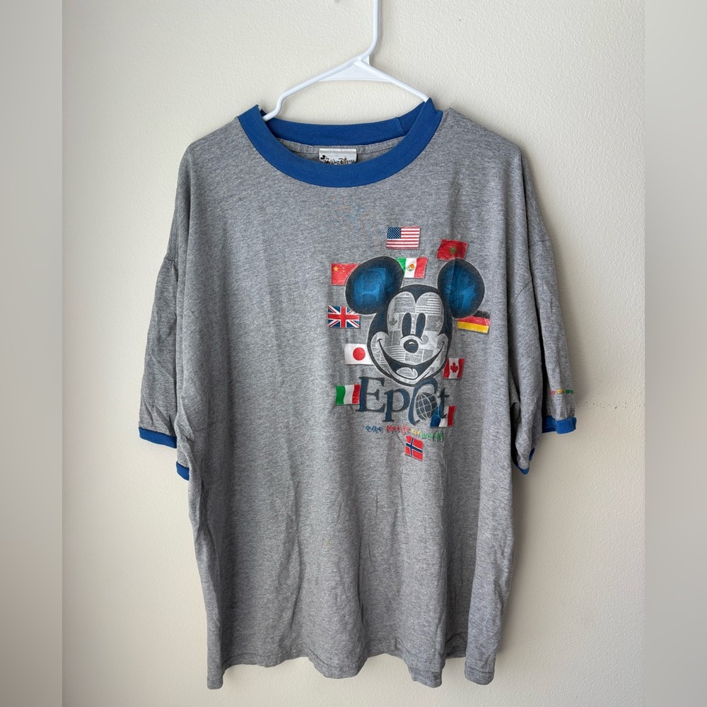 Vintage Disney Epcot Gray and Blue Mickey Mouse Ringer Tee